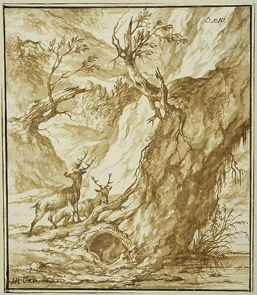Landscape with two deer by a large tree trunk. Creator: Michiel Carree