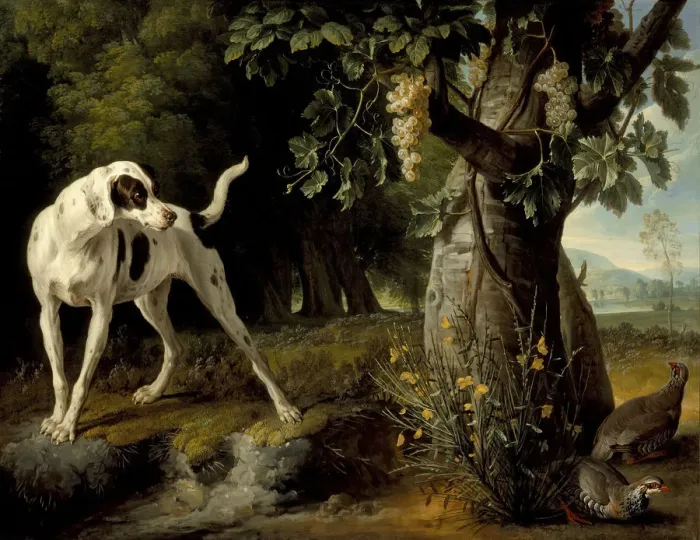 Framed Print : Landscape with a Dog and Partridges, 1719. Artist: Desportes, Alexandre Francois (1661-1743) Framed Print : Landscape with a Dog and Partridges, 1719. Artist: Desportes, Alexandre Francois (1661-1743)