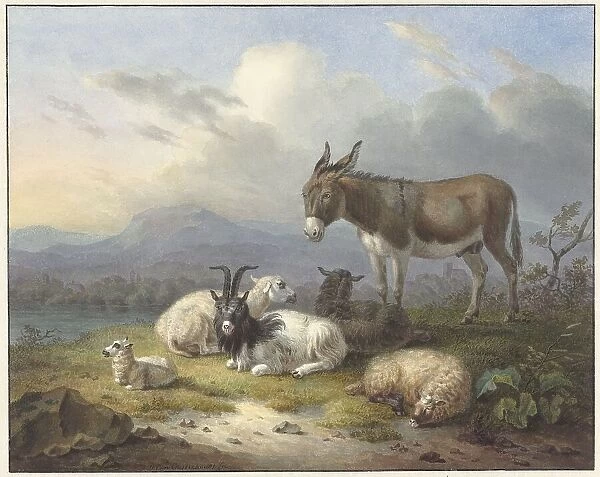 Landscape with donkey, goat and sheep, 1791-1850. Creator: Dirk van Oosterhoudt
