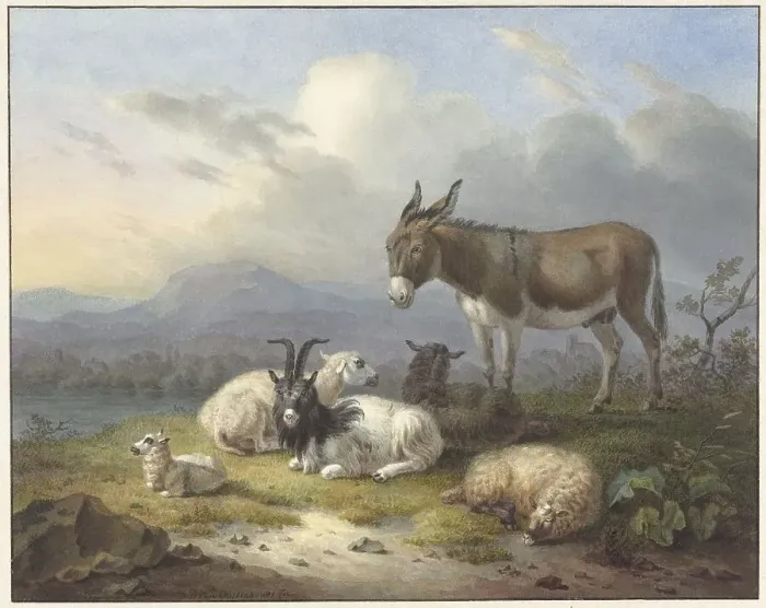 Framed Print : Landscape with donkey, goat and sheep, 1791-1850. Creator: Dirk van Oosterhoudt Framed Print : Landscape with donkey, goat and sheep, 1791-1850. Creator: Dirk van Oosterhoudt