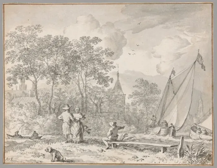 Framed Print : Landscape with Elegant Figures by a River, with Boats to the Right and a Town Behind... n.d. Creator: Allart van Everdingen