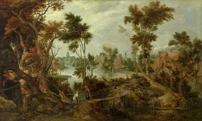 Framed Print : Landscape with Elias and the Widow of Sarefat, 1613. Creator: Gillis Claesz. de Hondecoeter Framed Print : Landscape with Elias and the Widow of Sarefat, 1613. Creator: Gillis Claesz. de Hondecoeter