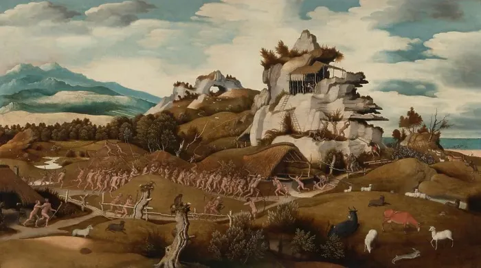 Framed Print : Landscape with an Episode from the Conquest of America, c.1535. Creator: Jan Mostaert Framed Print : Landscape with an Episode from the Conquest of America, c.1535. Creator: Jan Mostaert