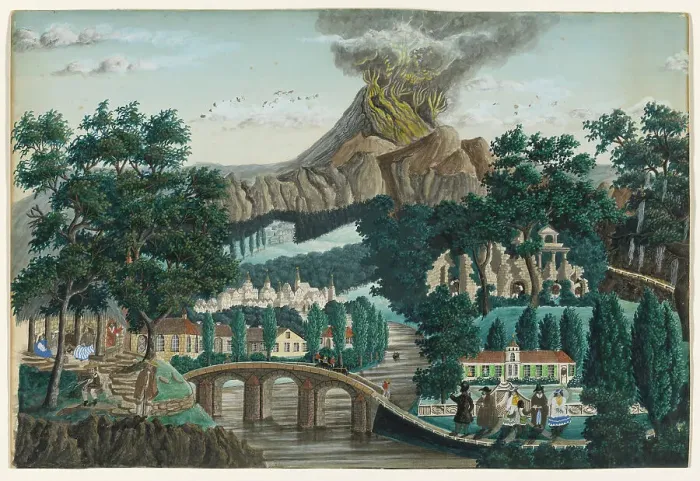 Framed Print : Landscape with Erupting Volcano, Bridge and Wedding Party, n.d. Creator: Ernst Damitz Framed Print : Landscape with Erupting Volcano, Bridge and Wedding Party, n.d. Creator: Ernst Damitz