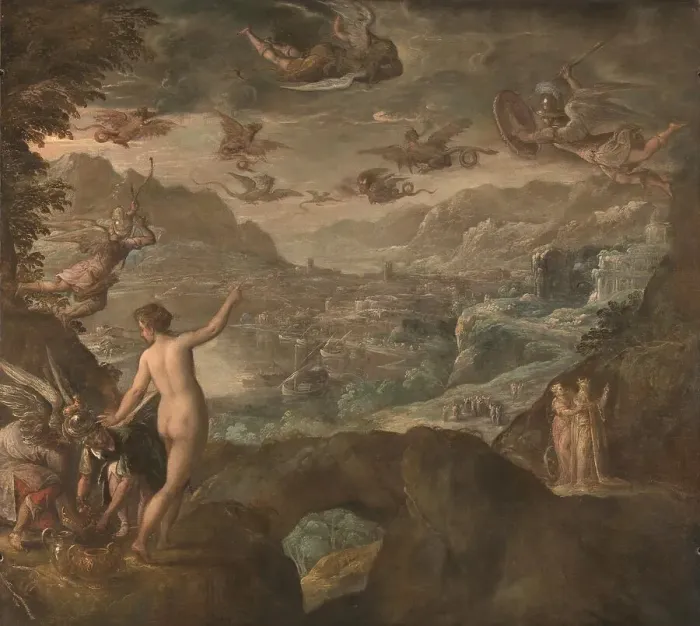 Framed Print : Landscape with the Expulsion of the Harpies, ca 1590. Artist: Fiammingo, Paolo (c. 1540-1596) Framed Print : Landscape with the Expulsion of the Harpies, ca 1590. Artist: Fiammingo, Paolo (c. 1540-1596)