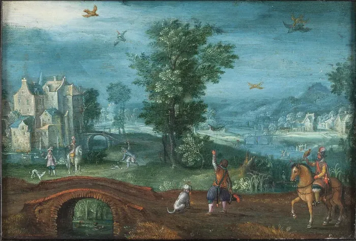 Framed Print : Landscape with Falconers, 1612-1645. Creator: Mattheus Adolfsz Molanus Framed Print : Landscape with Falconers, 1612-1645. Creator: Mattheus Adolfsz Molanus