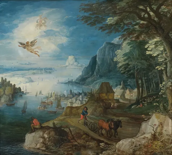 Framed Print : Landscape with the Fall of Icarus. Creator: Joos de Momper, the younger Framed Print : Landscape with the Fall of Icarus. Creator: Joos de Momper, the younger