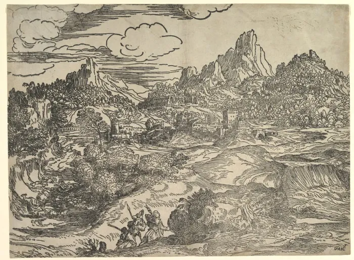 Framed Print : Landscape with family walking together in the foreground, at left two figures with Framed Print : Landscape with family walking together in the foreground, at left two figures with