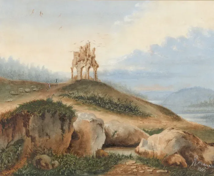 Framed Print : Landscape with a Fantastic Castle, 1865. Creator: George Sand Framed Print : Landscape with a Fantastic Castle, 1865. Creator: George Sand
