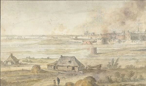 Landscape with farm buildings and a walled city, 1600-1699. Creator: Anon
