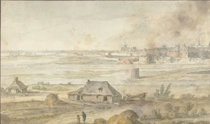 Framed Print : Landscape with farm buildings and a walled city, 1600-1699. Creator: Anon Framed Print : Landscape with farm buildings and a walled city, 1600-1699. Creator: Anon