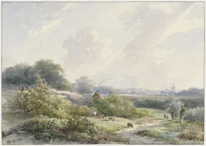 Framed Print : Landscape with farm and cattle, 1849. Creator: Willem Roelofs Framed Print : Landscape with farm and cattle, 1849. Creator: Willem Roelofs