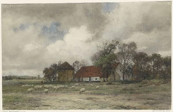 Landscape with farm and shepherd with sheep, 1872. Creator: Julius Jacobus van de Sande Bakhuyzen