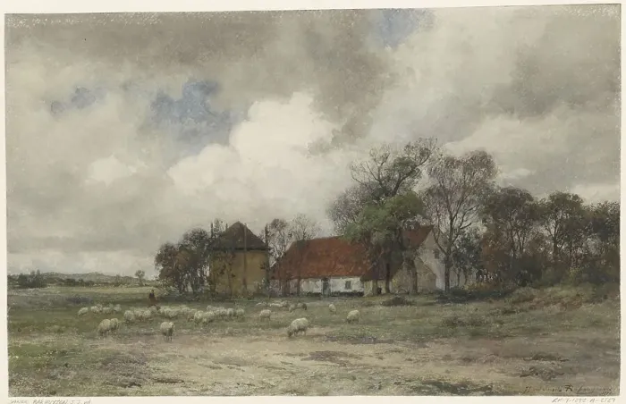 Framed Print : Landscape with farm and shepherd with sheep, 1872. Creator: Julius Jacobus van de Sande Bakhuyzen Framed Print : Landscape with farm and shepherd with sheep, 1872. Creator: Julius Jacobus van de Sande Bakhuyzen