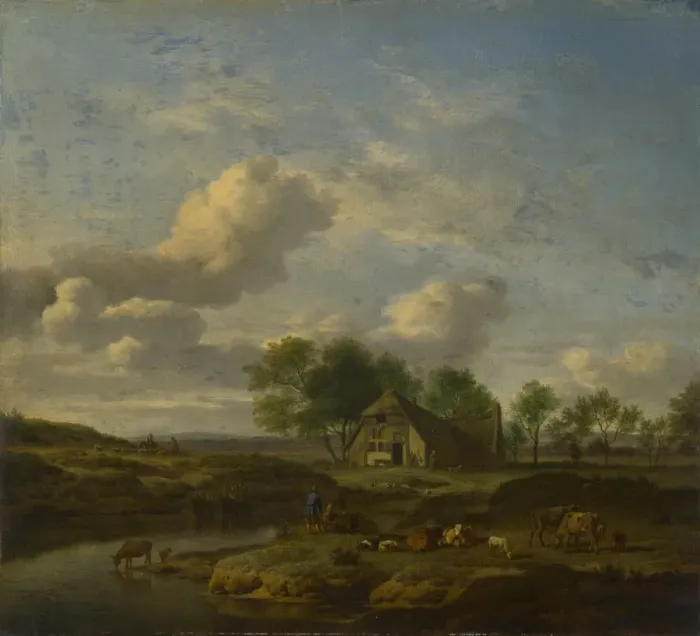 Framed Print : Landscape with a Farm by a Stream, 1661. Artist: Velde, Adriaen, van de (1636-1672) Framed Print : Landscape with a Farm by a Stream, 1661. Artist: Velde, Adriaen, van de (1636-1672)