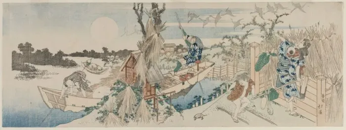 Framed Print : Landscape with Ferry Boat, Geese and Full Moon, early 1830s. Creator: Totoya Hokkei (Japanese Framed Print : Landscape with Ferry Boat, Geese and Full Moon, early 1830s. Creator: Totoya Hokkei (Japanese