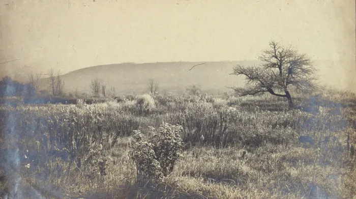Framed Print : Landscape of a field with hill in background, c1900. Creator: Unknown Framed Print : Landscape of a field with hill in background, c1900. Creator: Unknown