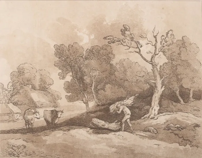 Framed Print : Landscape with a Figure Carrying a Bundle of Branches, a Copice Behind, Two Cows i Framed Print : Landscape with a Figure Carrying a Bundle of Branches, a Copice Behind, Two Cows i