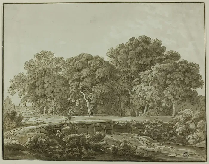 Framed Print : Landscape with Figure Crossing Bridge over Stream, n.d. Creator: Thomas Sandby Framed Print : Landscape with Figure Crossing Bridge over Stream, n.d. Creator: Thomas Sandby