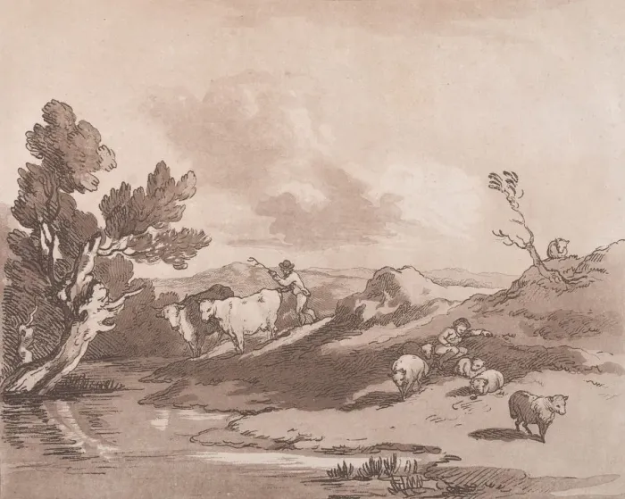 Framed Print : Landscape with a Figure Herding Cattle, and a Shepherd Resting, May 21, 1789 Framed Print : Landscape with a Figure Herding Cattle, and a Shepherd Resting, May 21, 1789