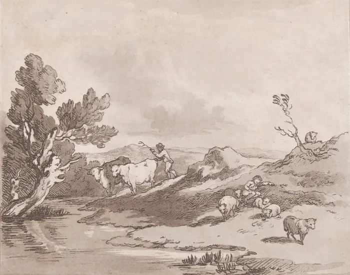 Framed Print : Landscape with a Figure Herding Cattle to Water, May 21, 1789. May 21, 1789 Framed Print : Landscape with a Figure Herding Cattle to Water, May 21, 1789. May 21, 1789