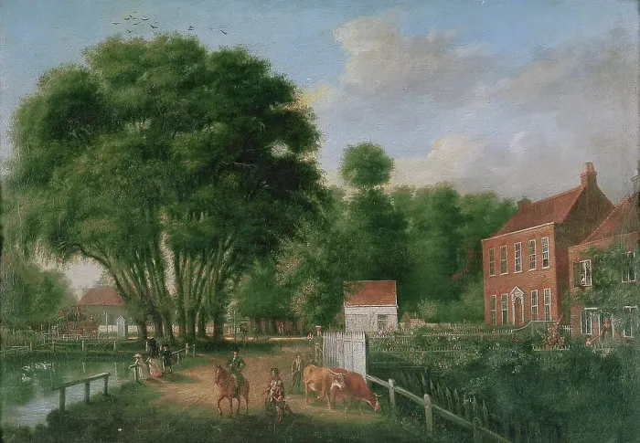 Framed Print : A landscape and figures, 1790. Creator: John Greenwood Framed Print : A landscape and figures, 1790. Creator: John Greenwood