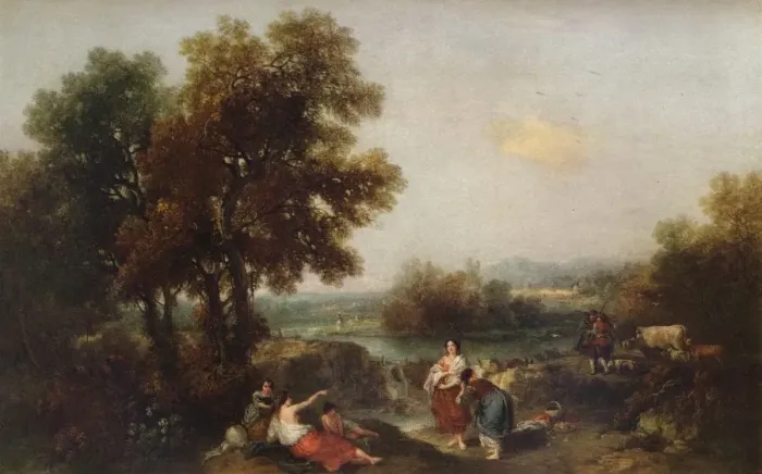 Framed Print : Landscape with Figures, 18th century, (1915). Artist: Francesco Zuccarelli Framed Print : Landscape with Figures, 18th century, (1915). Artist: Francesco Zuccarelli