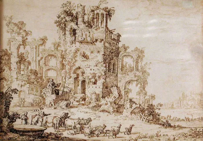 Framed Print : Landscape with Figures and Classical Ruins, c1670s. Creator: Jan Moninckx Framed Print : Landscape with Figures and Classical Ruins, c1670s. Creator: Jan Moninckx