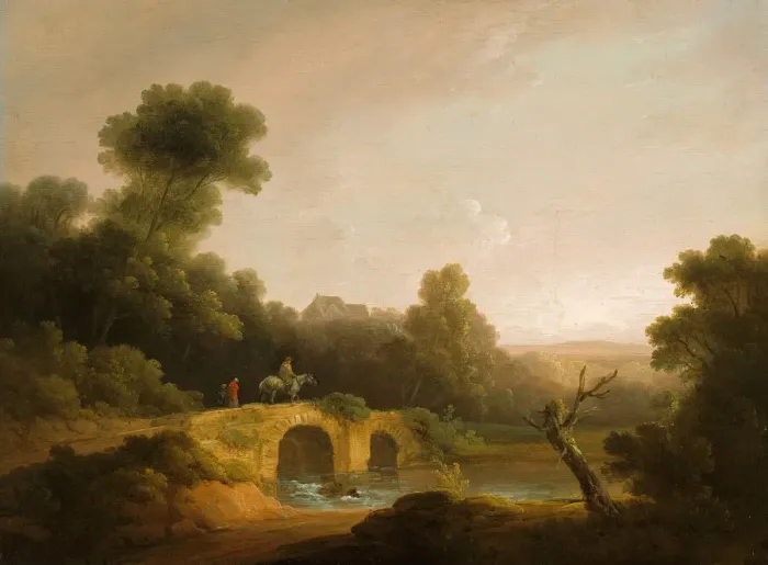 Framed Print : Landscape with Figures Crossing a Bridge, 1790 / 1800. Creators: John Rathbone Framed Print : Landscape with Figures Crossing a Bridge, 1790 / 1800. Creators: John Rathbone