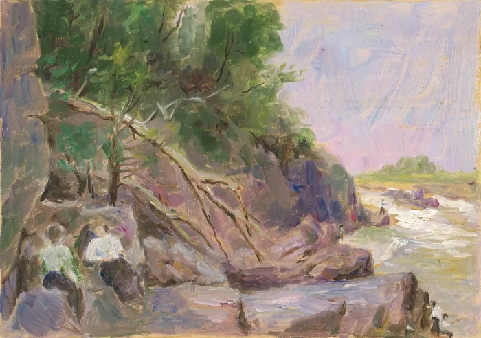 Framed Print : Landscape with figures, early 20th century. Creator: Dezider Czolder Framed Print : Landscape with figures, early 20th century. Creator: Dezider Czolder