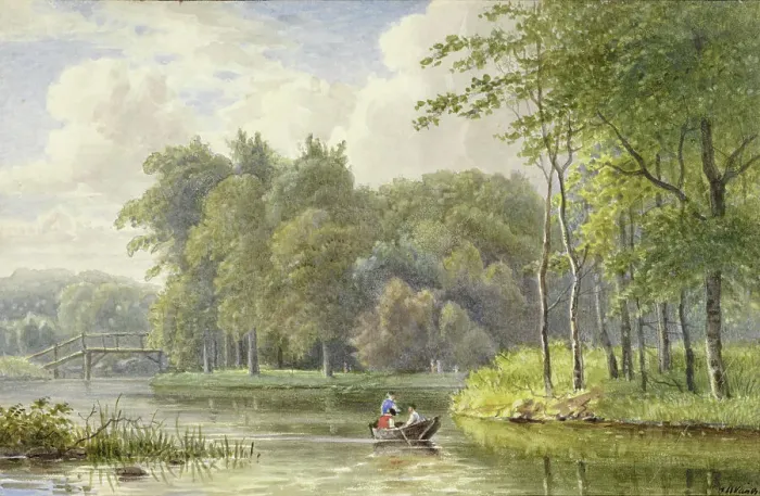 Framed Print : Landscape with figures in a rowing boat, 1792-1861. Creator: Georgius Jacobus Johannes van Os Framed Print : Landscape with figures in a rowing boat, 1792-1861. Creator: Georgius Jacobus Johannes van Os