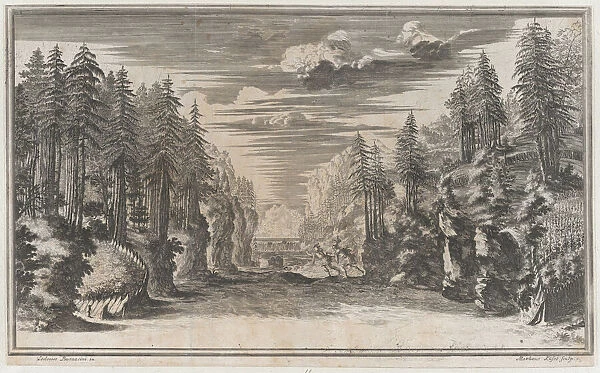 Landscape with two figures running along the bank of the river Xanto; set design from Il... 1668. Creator: Mathaus Küsel