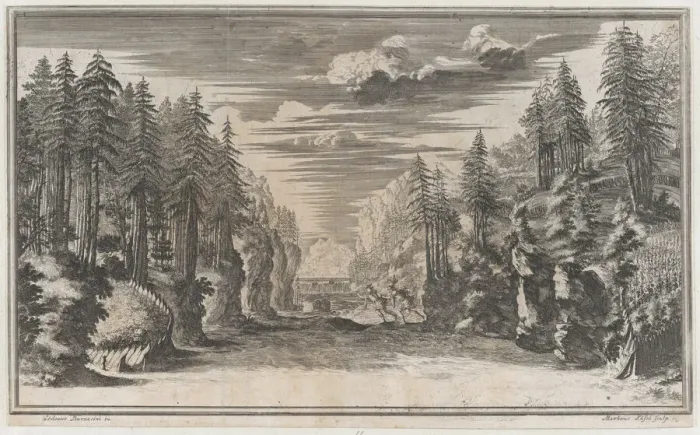 Framed Print : Landscape with two figures running along the bank of the river Xanto; set design from Il... 1668. Creator: Mathaus Küsel Framed Print : Landscape with two figures running along the bank of the river Xanto; set design from Il... 1668. Creator: Mathaus Küsel