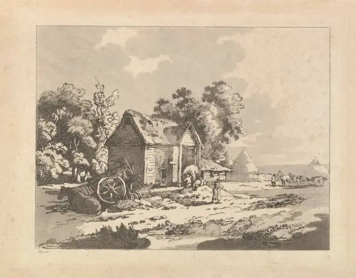 Framed Print : Landscape with Figures Storing Hay in a Barn, a Cart and Horse Lying Down at Left Framed Print : Landscape with Figures Storing Hay in a Barn, a Cart and Horse Lying Down at Left