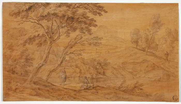 Framed Print : Landscape with Figures by a Stream, n.d. Creator: Johannes Glauber Framed Print : Landscape with Figures by a Stream, n.d. Creator: Johannes Glauber