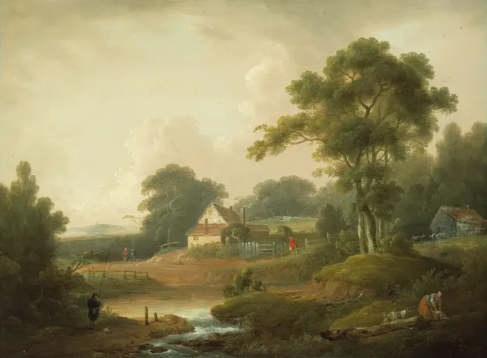 Framed Print : Landscape with Fisherman and Washerwoman, 1790 / 1800. Creators: John Rathbone Framed Print : Landscape with Fisherman and Washerwoman, 1790 / 1800. Creators: John Rathbone