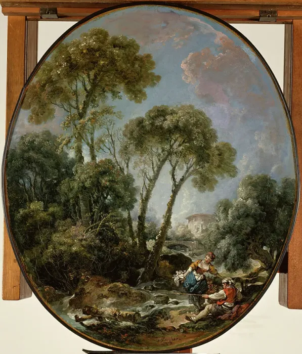 Framed Print : Landscape with Fisherman and a Young Woman, 1769. Creator: Francois Boucher Framed Print : Landscape with Fisherman and a Young Woman, 1769. Creator: Francois Boucher