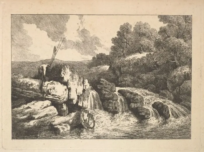 Framed Print : Landscape with Two Fishermen Climbing Rocks Next to a Waterfall, 1784-88 Framed Print : Landscape with Two Fishermen Climbing Rocks Next to a Waterfall, 1784-88