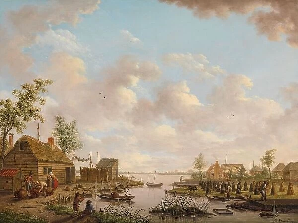Landscape with Fishermen and Farmers Extracting Peat in a Marsh, 1783. Creator: Hendrik Willem Schweickhardt