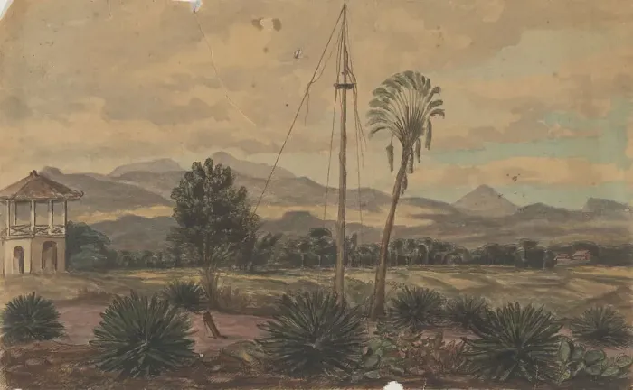 Framed Print : Landscape with flagpole, 1800-1900. Creator: Anon Framed Print : Landscape with flagpole, 1800-1900. Creator: Anon