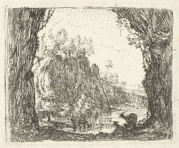 Framed Print : Landscape flanked by trees in the left and right foreground, silhouettes of two goa Framed Print : Landscape flanked by trees in the left and right foreground, silhouettes of two goa