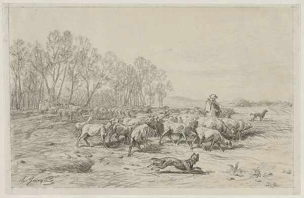 Landscape with a Flock of Sheep, 1800s. Creator: Charles-Emile Jacque (French, 1813-1894)
