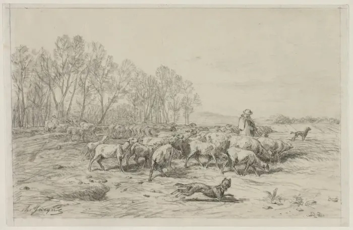 Framed Print : Landscape with a Flock of Sheep, 1800s. Creator: Charles-Emile Jacque (French, 1813-1894) Framed Print : Landscape with a Flock of Sheep, 1800s. Creator: Charles-Emile Jacque (French, 1813-1894)
