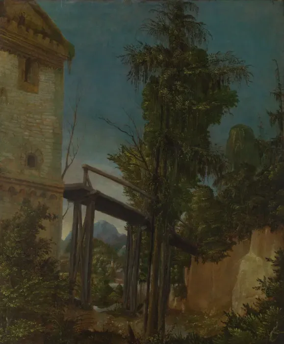 Framed Print : Landscape with a Footbridge, ca 1518. Artist: Altdorfer, Albrecht (c. 1480-1538) Framed Print : Landscape with a Footbridge, ca 1518. Artist: Altdorfer, Albrecht (c. 1480-1538)