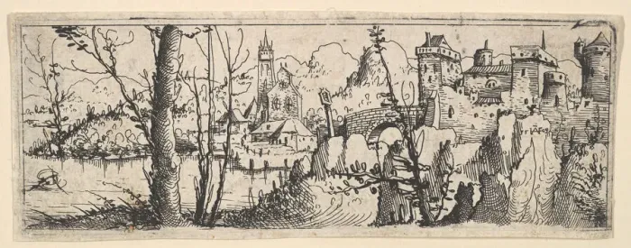 Framed Print : Landscape with Fort and a Church on a River, 1545. Creator: Augustin Hirschvogel Framed Print : Landscape with Fort and a Church on a River, 1545. Creator: Augustin Hirschvogel
