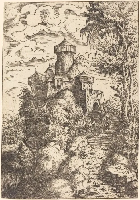 Framed Print : Landscape with a Fortress and Big Stairway, 1554. Creator: Hans Sebald Lautensack Framed Print : Landscape with a Fortress and Big Stairway, 1554. Creator: Hans Sebald Lautensack