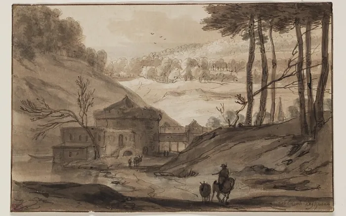 Framed Print : Landscape with Fortress and a Man on Horseback, after 1640. Creator: Roelandt Roghman Framed Print : Landscape with Fortress and a Man on Horseback, after 1640. Creator: Roelandt Roghman