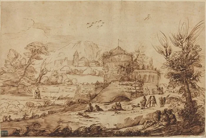Framed Print : Landscape with Fortress and River, second half 18th century. Creator: Guercino Framed Print : Landscape with Fortress and River, second half 18th century. Creator: Guercino