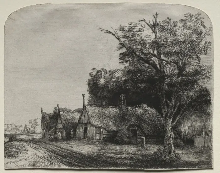 Framed Print : Landscape with Three Gabled Cottages beside a Road, 1650. Creator: Rembrandt van Rijn (Dutch Framed Print : Landscape with Three Gabled Cottages beside a Road, 1650. Creator: Rembrandt van Rijn (Dutch