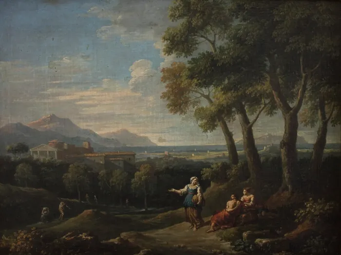 Framed Print : Landscape with a Genre Scene, 18th century. Creator: Jan Frans van Bloemen Framed Print : Landscape with a Genre Scene, 18th century. Creator: Jan Frans van Bloemen